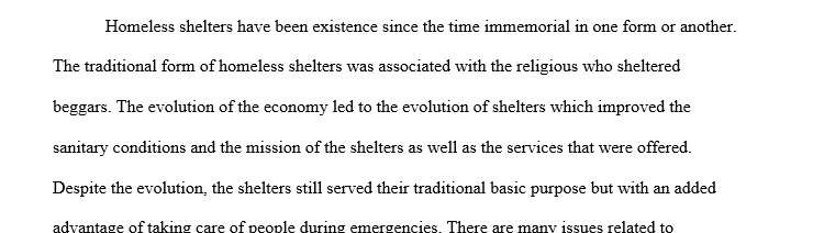 Analyze three articles from current literature on homeless shelters 