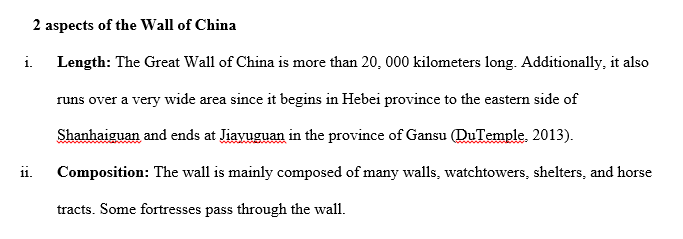 Describe two (2) specific aspects about the Great Wall of China