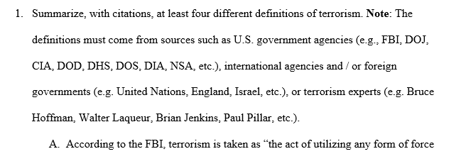 Summarize at least four different definitions of terrorism