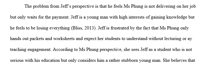 Describe the problem from Jeff Bliss’s perspective as well as from Ms. Phung’s perspective.