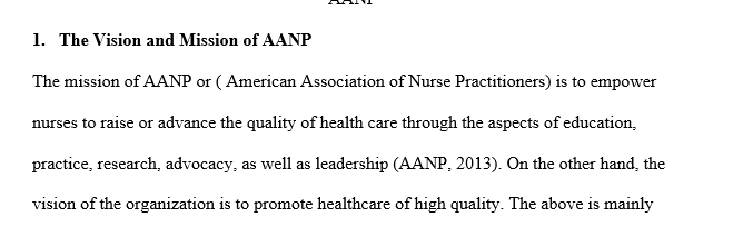 Discuss the mission and vision of AANP association organization