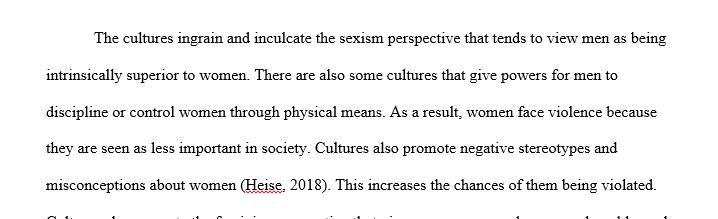 Explain three ways the culture in the United States reinforces violence toward women