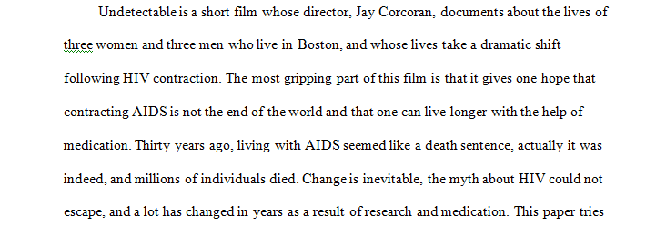 How Has Medication Changed The Face Of Aids? Has Medication Reduced The Rate Of New HIV Infections? Watch Film: Undetectable: The New Face of AIDS. and choose one question from the upload file and write an essay. CITATION: Undetectable: The New Face of AIDS. Dir. Jay Corcoran. Fanlight Productions, 2001. Film.  