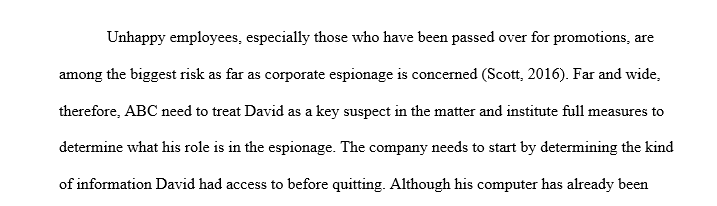 What steps might have been taken to detect David’s alleged industrial espionage