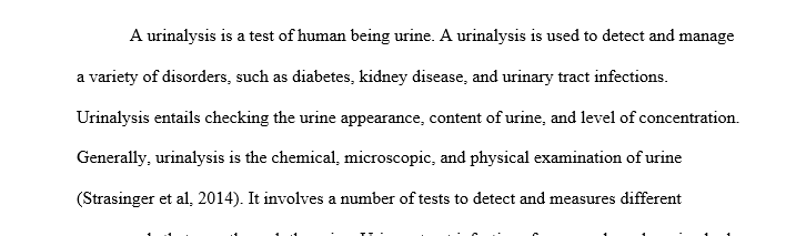 Write a 1 paper explaining and analyzing urinalysis.