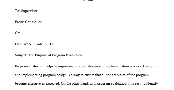 Write a memo to your supervisor suggesting that the organization develop a program evaluation plan