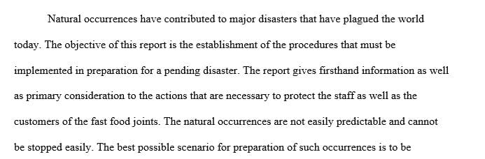 Drafting a report on the emergency procedures to be followed by personnel in each restaurant