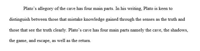 Identify and describe the four main parts of Plato’s Cave.