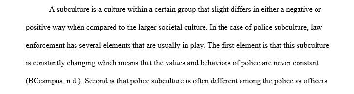 Define subculture and describe three elements of the police subculture.