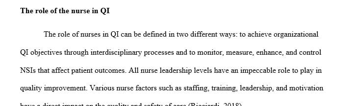 Discuss the role of the nurse in quality improvement.