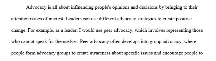 Describe advocacy strategies that you can use as a leader to create positive change in your current workplace