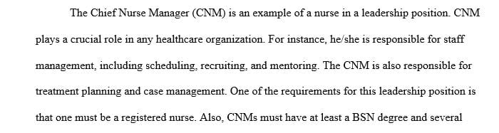 Discuss a formal role where a nurse is in a position of leadership