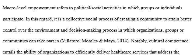 1.   Explain  what  “ macro level empowerment ”   means and how it relates to cultural competent practice ( see  Lum   reading ).  2 .   “Making the invisible visible” is a common phrase when discussing micro    aggressions.  Explain the context and purpose of the phrase.