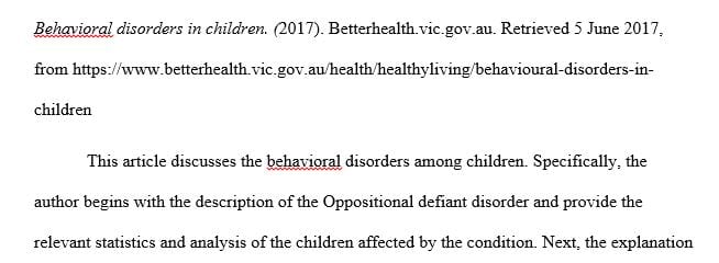 Annotated bibliography must include 3 different sources on behavioral problems in children.