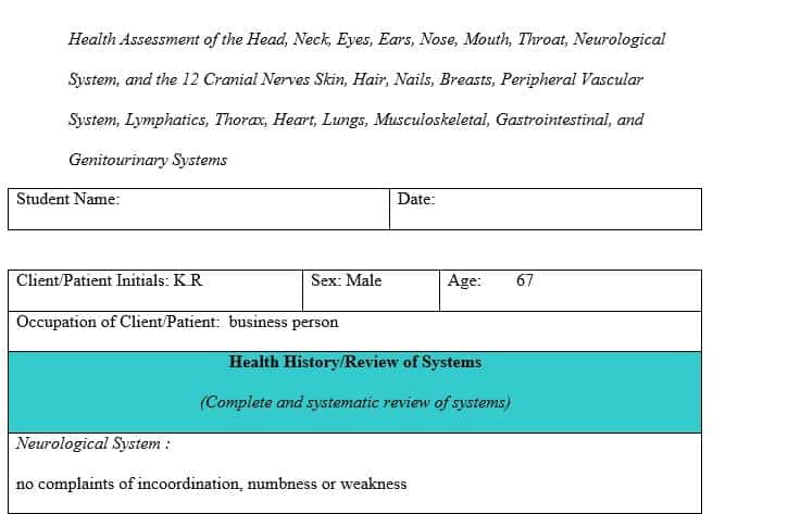 Completing a health assessment on an older adult. 