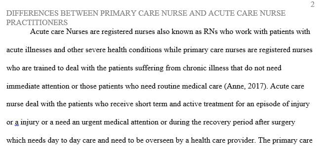 Discuss the differences between a Primary Care Nurse Practitioner and an Acute Care Nurse Practitioner 