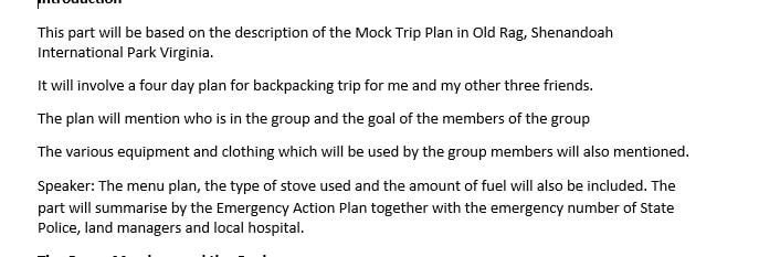 Mock Trip Plan & in Shenandoah international park Virginia the name of trail is old rag