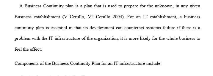 Outline for a Business Continuity Plan for an IT Infrastructure
