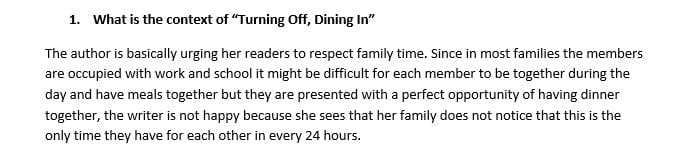 What is the context of Turning Off, Dining In