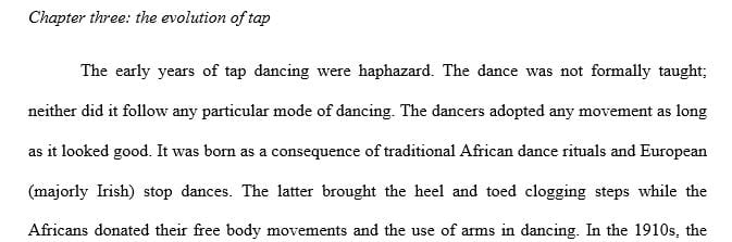 Write two paragraphs per chapter on any aspect of dance that drew your attention