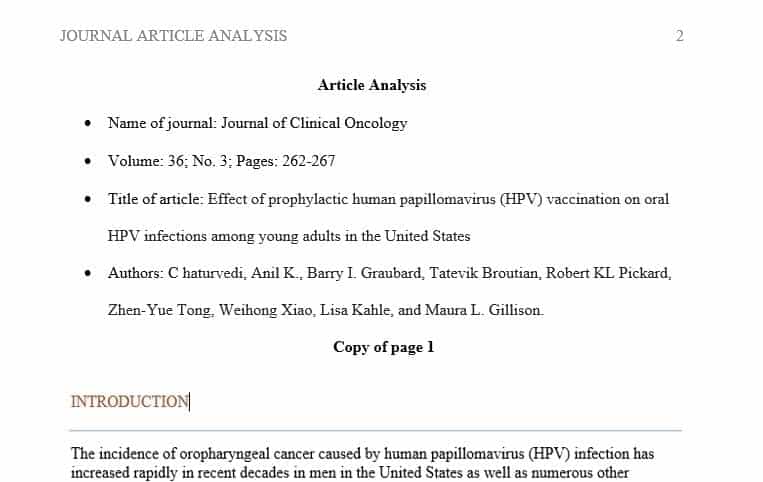 2 page paper Topic The effect of the HPV Vaccine