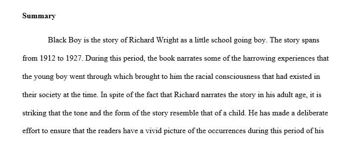 5 full pages book analysis based on the reading of Black Boy by richard wright