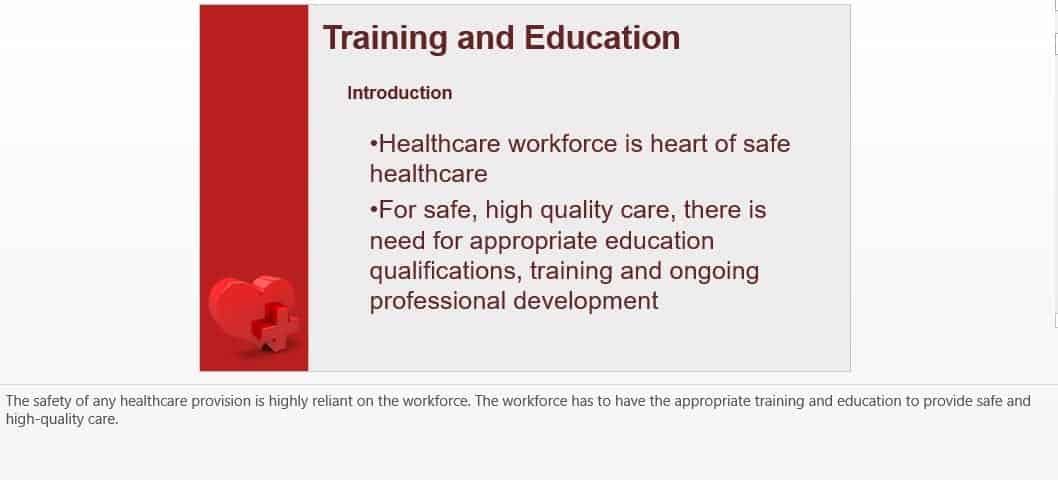 Create a 10- to 15-slide presentation about training and education in health care