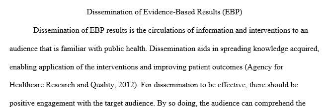 Describe one internal and one external method for the dissemination of your EBP project results