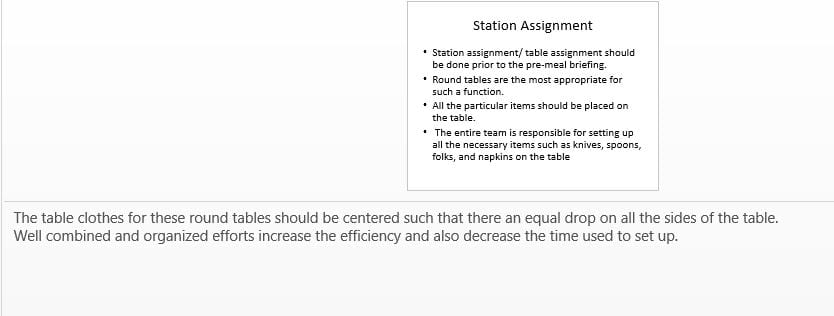 For two homework assignments in individual  pre-meal session for the service staff.