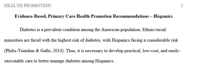 Identify a population to assess and develop an evidence-based, primary care health promotion recommendations