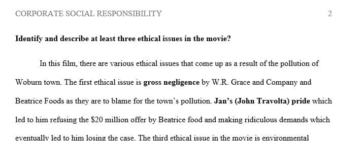 Identify and describe at least three ethical issues in the movie