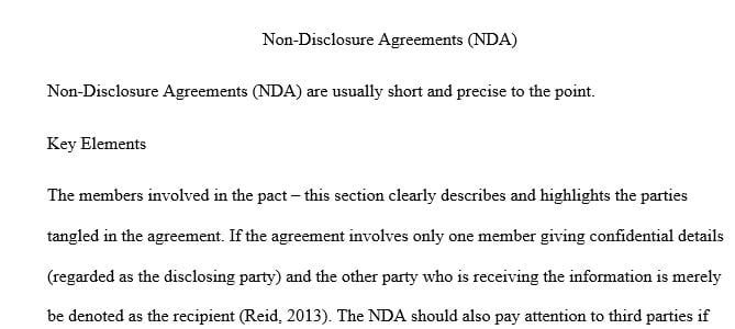 Identify the key elements of an NDA and draft a proposed NDA for a new employee in the Research 