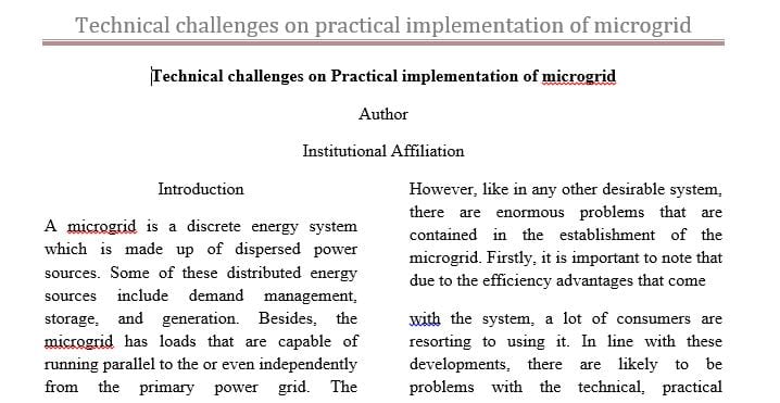 Identify two technical challenges on practical implementation of microgrid.