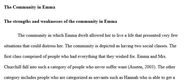 In an essay of 400 to 500 words Analyze the strengths and weaknesses of the community in Emma.