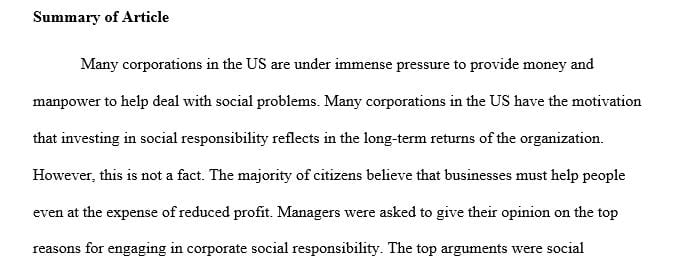 Select and read an article on Corporate Social Responsibility