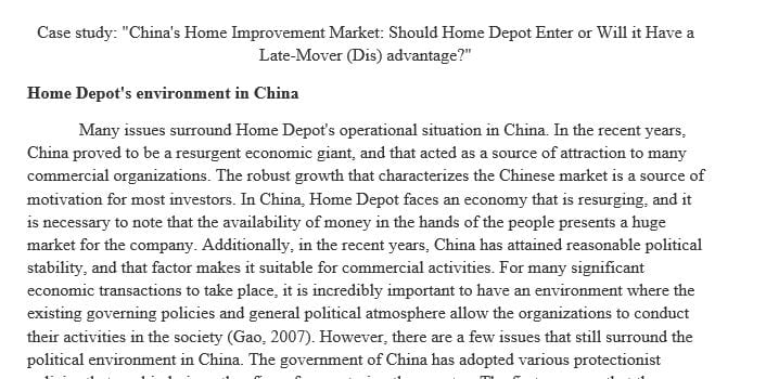 Case study: “China’s Home Improvement Market: Should Home Depot Enter or Will it Have a Late-Mover (Dis) advantage