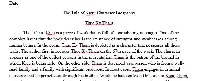 Submit a minimum 300 word biography of one of the following characters from THE TALE OF KIEU