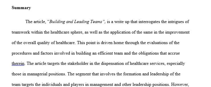 The article “Building and Leading Teams”
