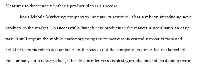 What will you measure to determine whether or not your new product plan for MM is a success