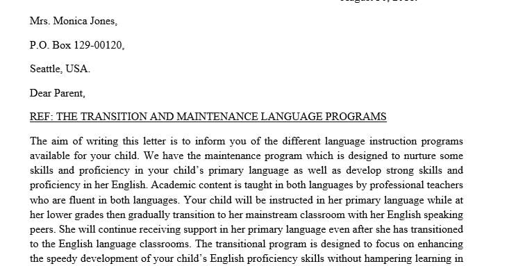 Write a letter to one of the parents of your LEP (limited English proficient) students