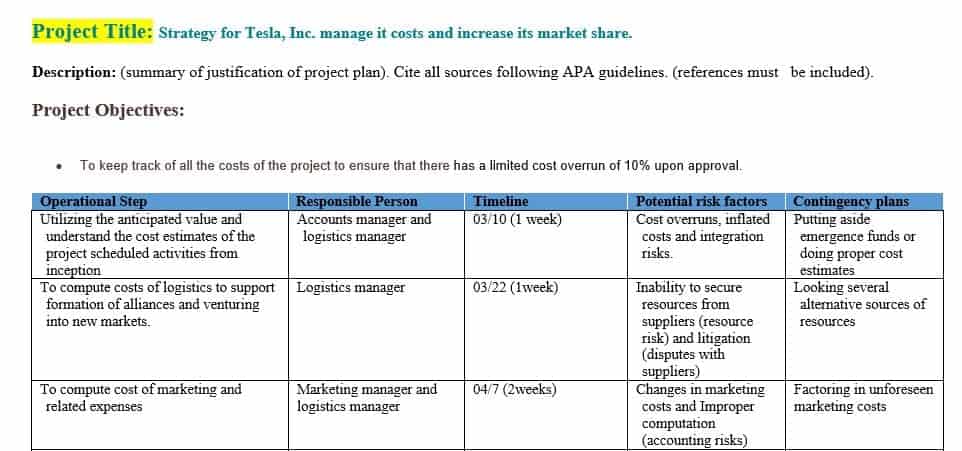 Complete worksheet with project objectives (operational steps, responsible person, timeline, potential risk factors