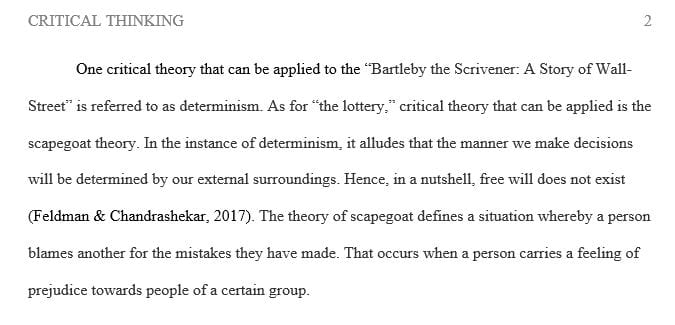 Identify two critical theories that can be applied to one or both stories "Bartleby The Scrivener: A Story of Wall-Street"and “The Lottery”
