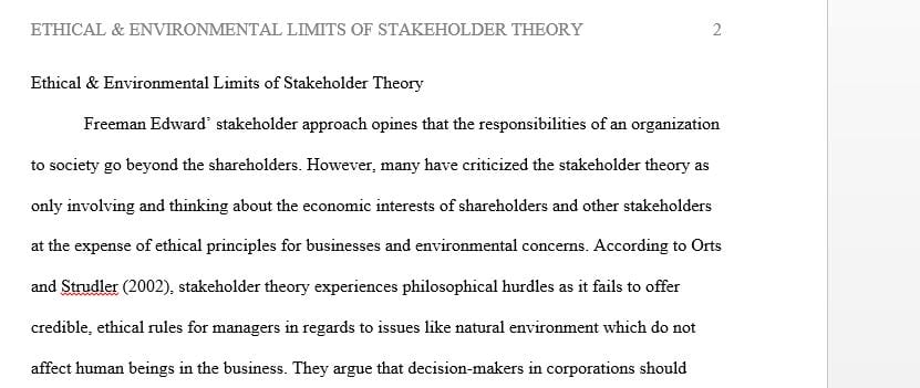 Research Paper on The Ethical and Environmental Limits of Stakeholder Theory