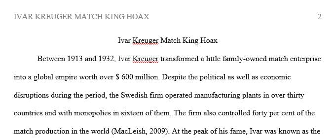 Write a few paragraphs on Ivar Kreuger Match King Hoax