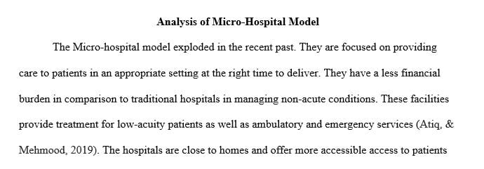 Complete a SWOT Analysis providing a minimum of four points in each area to evaluate the micro-hospital model