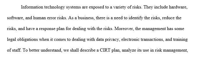 Describe the objectives and main elements of a CIRT plan.