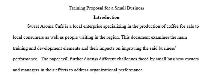 Analyze key elements of training and development geared toward improving the performance of the specific small business