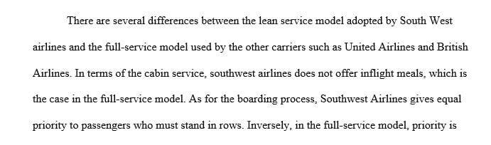 Compare and contrast the lean service system found within Southwest Airlines to a full-service airline