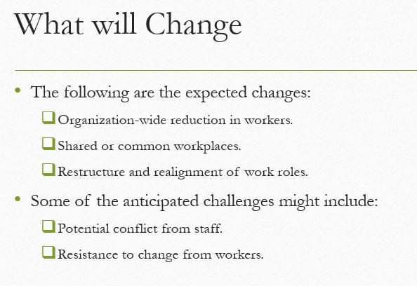 Create a 10-slide restructuring and downsizing plan presentation with speaker notes that can be used in each department.