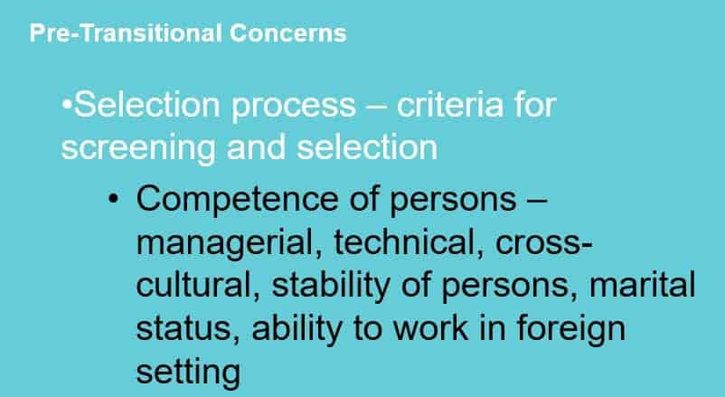 Describe at least five pre-transitional concerns that could cause the GM to be less effective in this expatriate role.